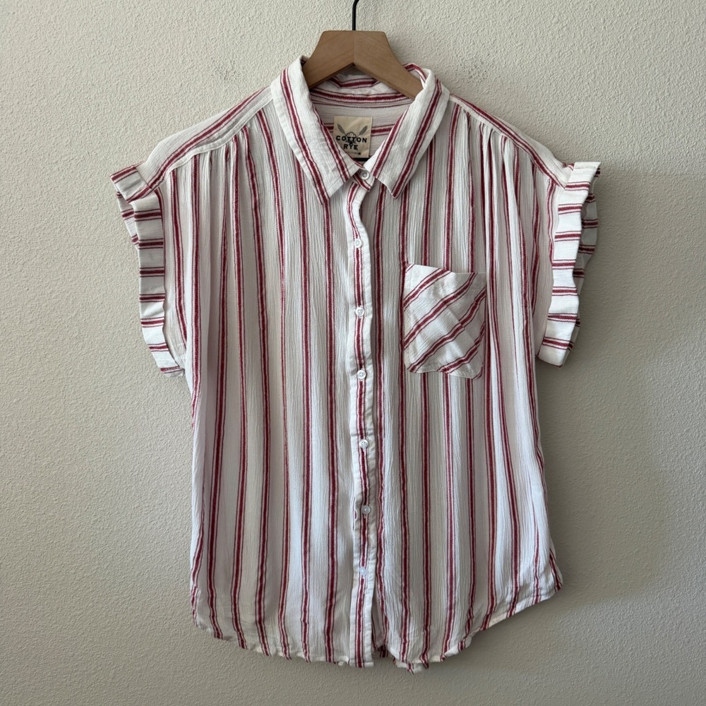 COTTON RYE Women Top Striped Ruffle Sleeve Coastal Boho Summer Americana Medium